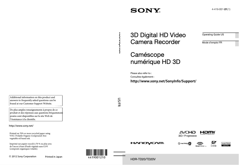 Page n°1 - Manuel utilisateur Sony Handycam HDR-TD20V