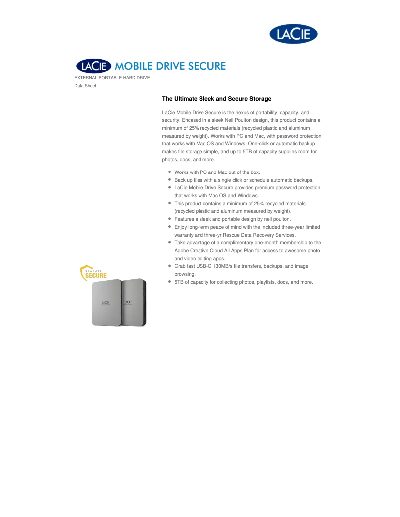 Page n°1 - Fiche technique LaCie Mobile Drive Secure