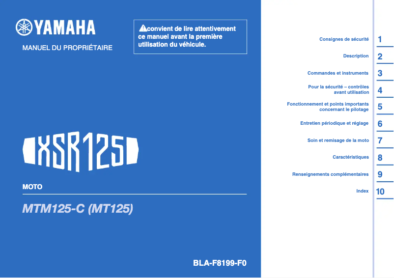 Page 1 de la notice Manuel utilisateur Yamaha XSR125 (2022)