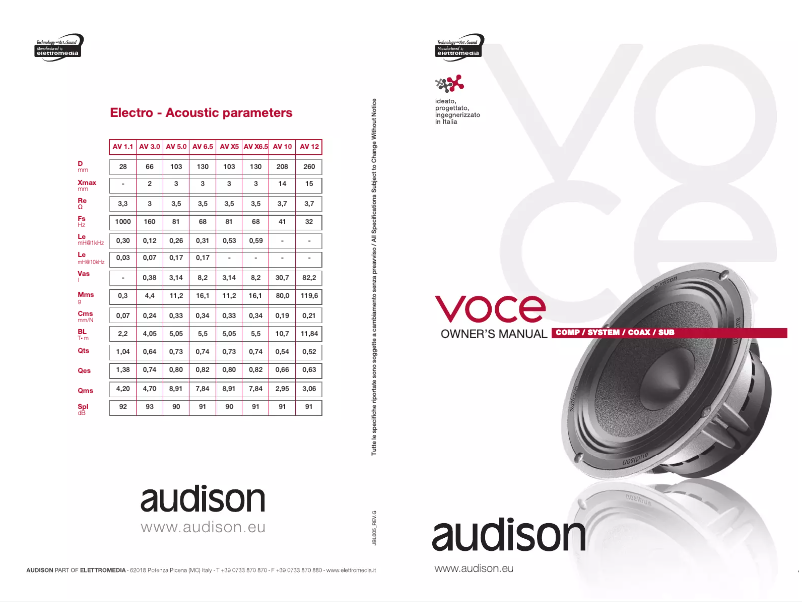 Page 1 de la notice Fiche technique Audison VOCE AV X6.5