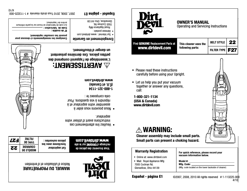 Page 1 de la notice Manuel utilisateur Dirt Devil Vision Cyclonic M140005