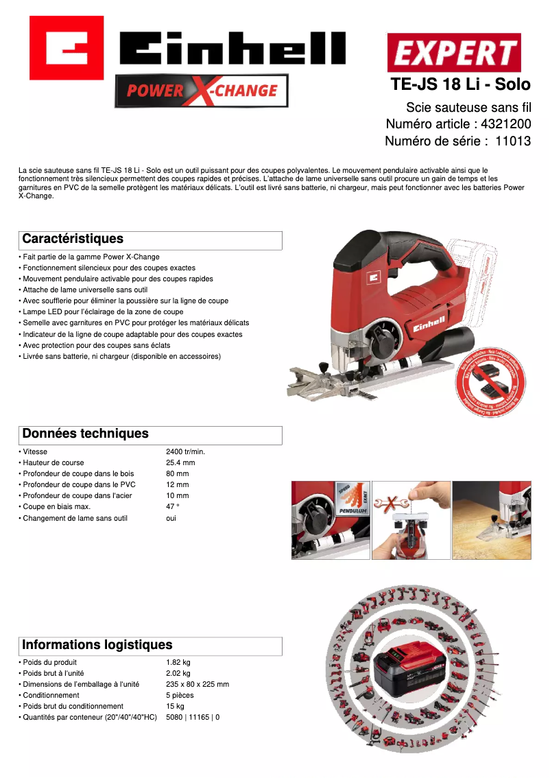 Page n°1 - Fiche technique Einhell TE-JS 18/80 Li-Solo