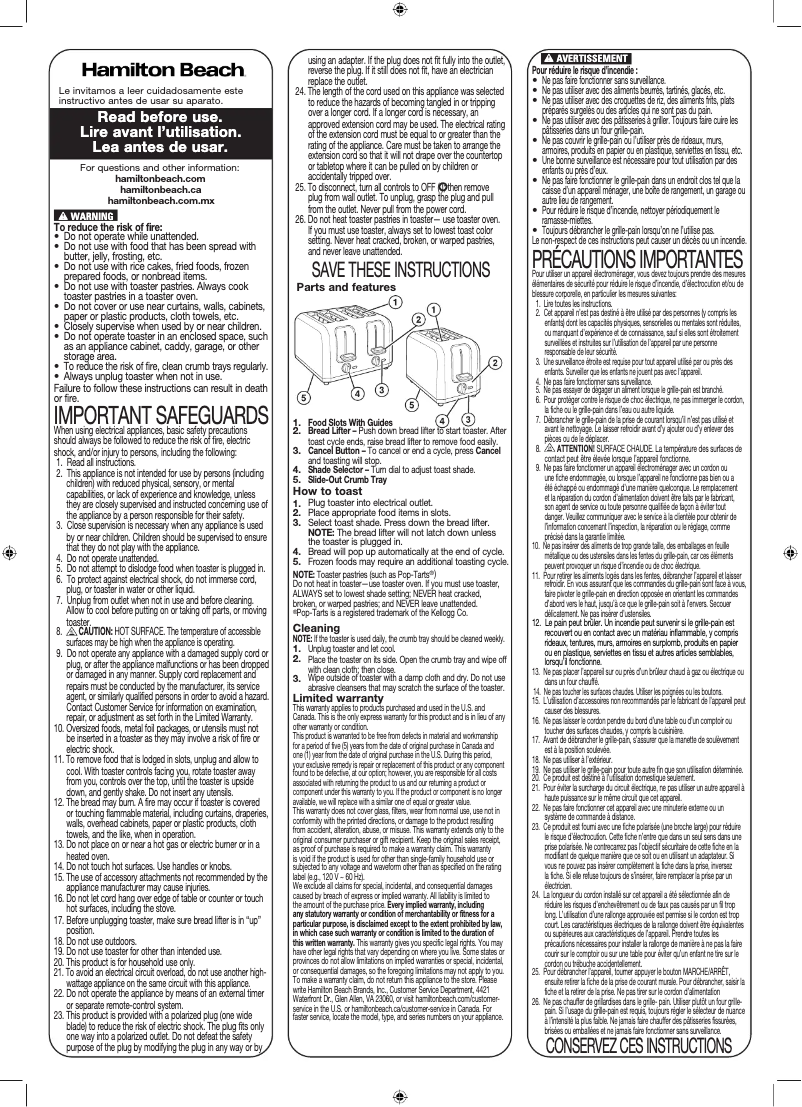 Page 1 de la notice Manuel utilisateur Hamilton Beach 24910