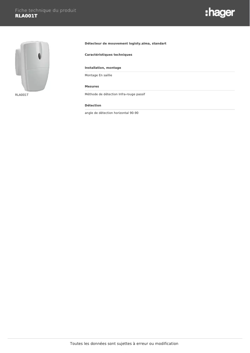 Page n°1 - Fiche technique Hager RLA001T