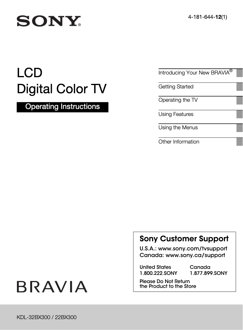 Page 1 de la notice Manuel utilisateur Sony Bravia KDL-32BX300