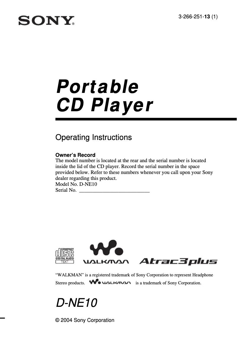 Image de la première page du manuel de l'appareil Walkman D-NE10