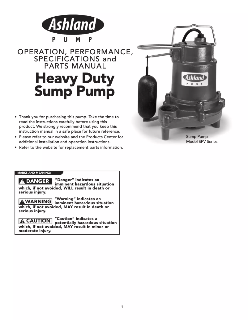 Page n°1 - Manuel utilisateur Ashland SPV50