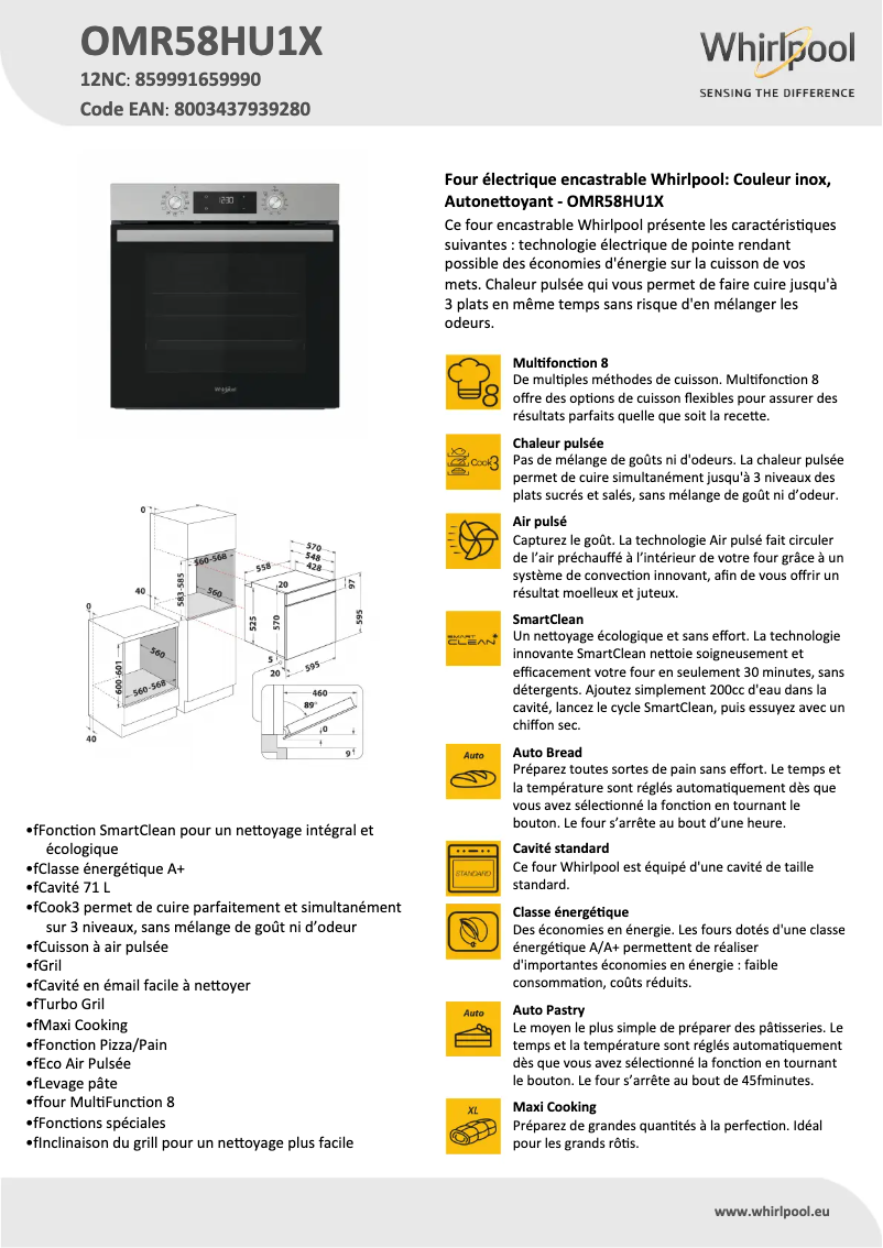 Page 1 de la notice Fiche technique Whirlpool OMR58HU1X