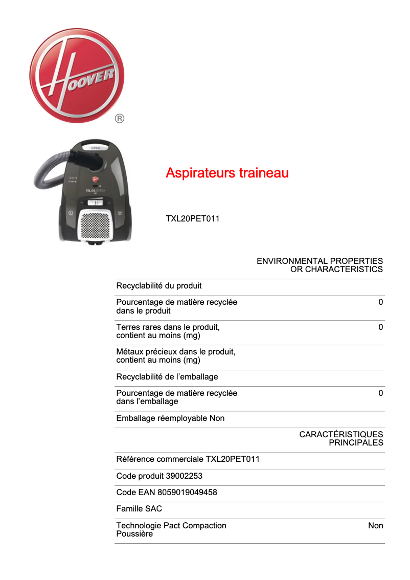 Page 1 de la notice Fiche technique Hoover TXL20PET011