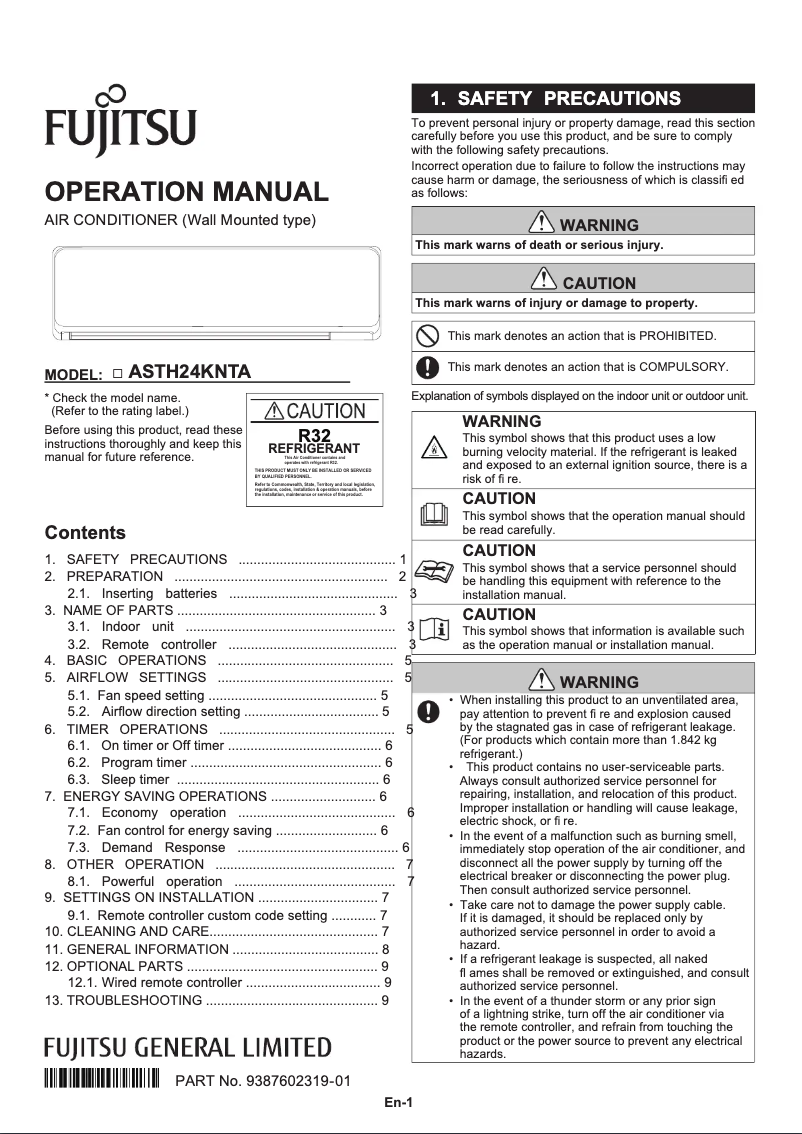 Page 1 de la notice Manuel utilisateur Fujitsu ASTH24KNTA