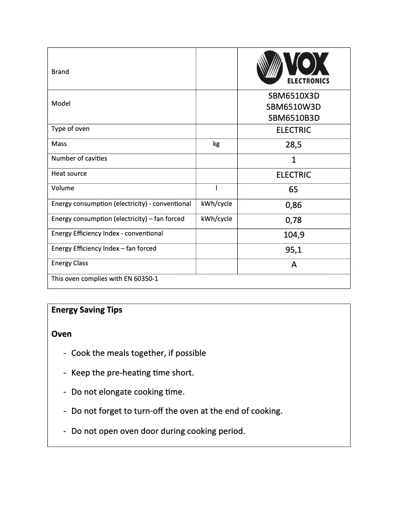 Page 1 de la notice Fiche technique VOX SBM6510X3D