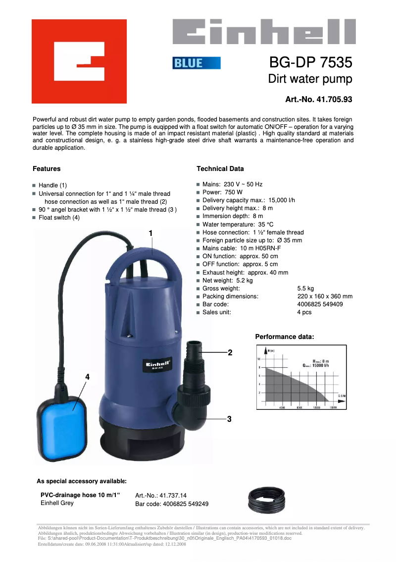 Page n°1 - Fiche technique Einhell BG-DP 7535