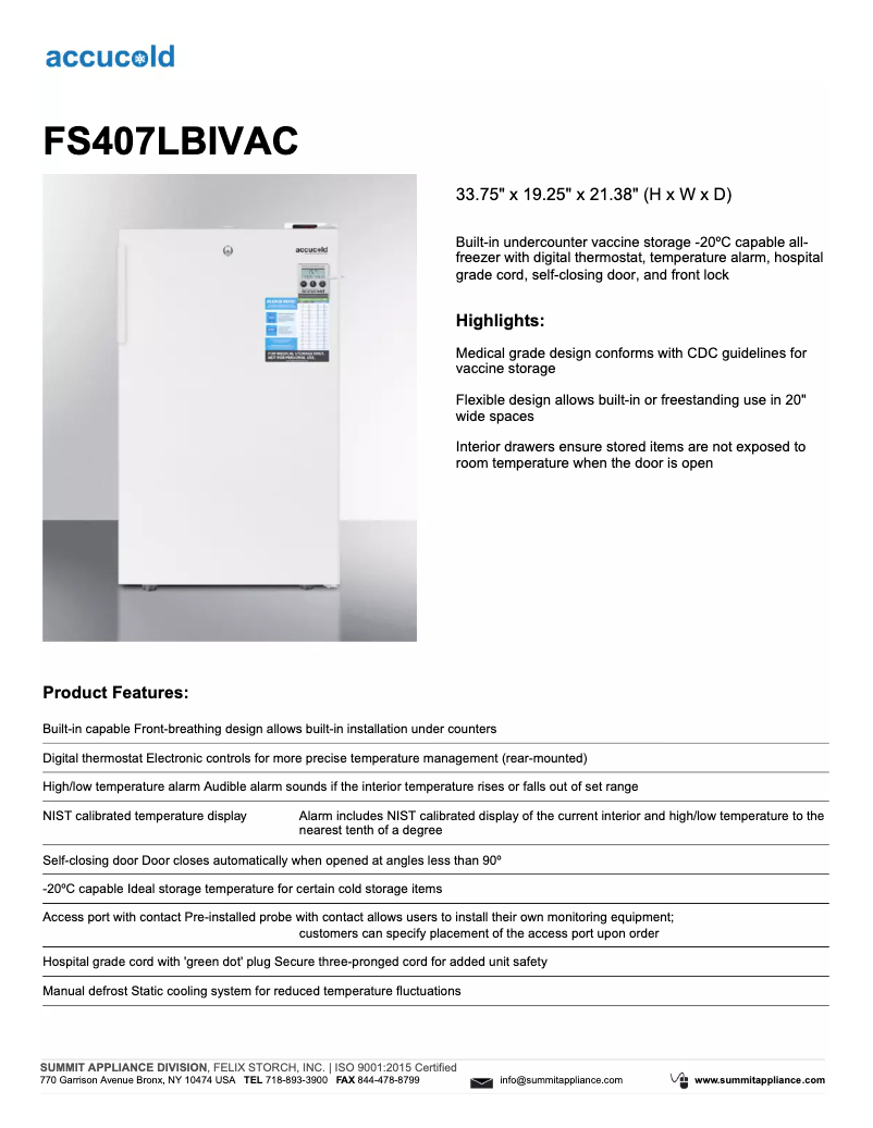 Page 1 de la notice Fiche technique Summit Accucold FS407LBIVAC