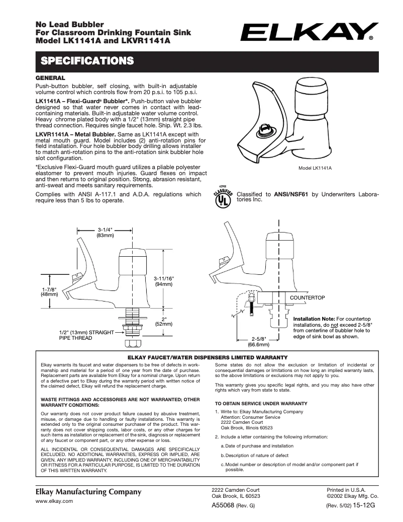 Page n°1 - Manuel utilisateur Elkay LK1141A