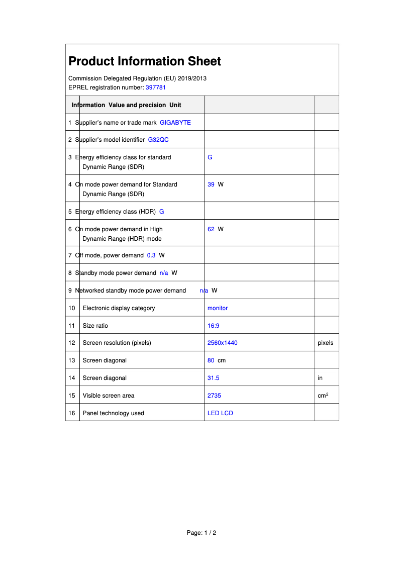 Page 1 de la notice Fiche technique Gigabyte G32QC computer monitor