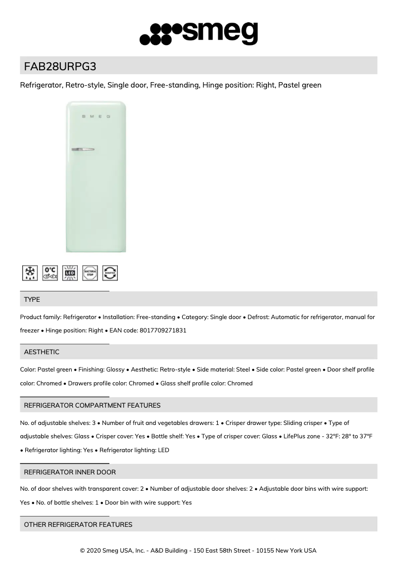 Page n°1 - Fiche technique Smeg FAB28URPG3
