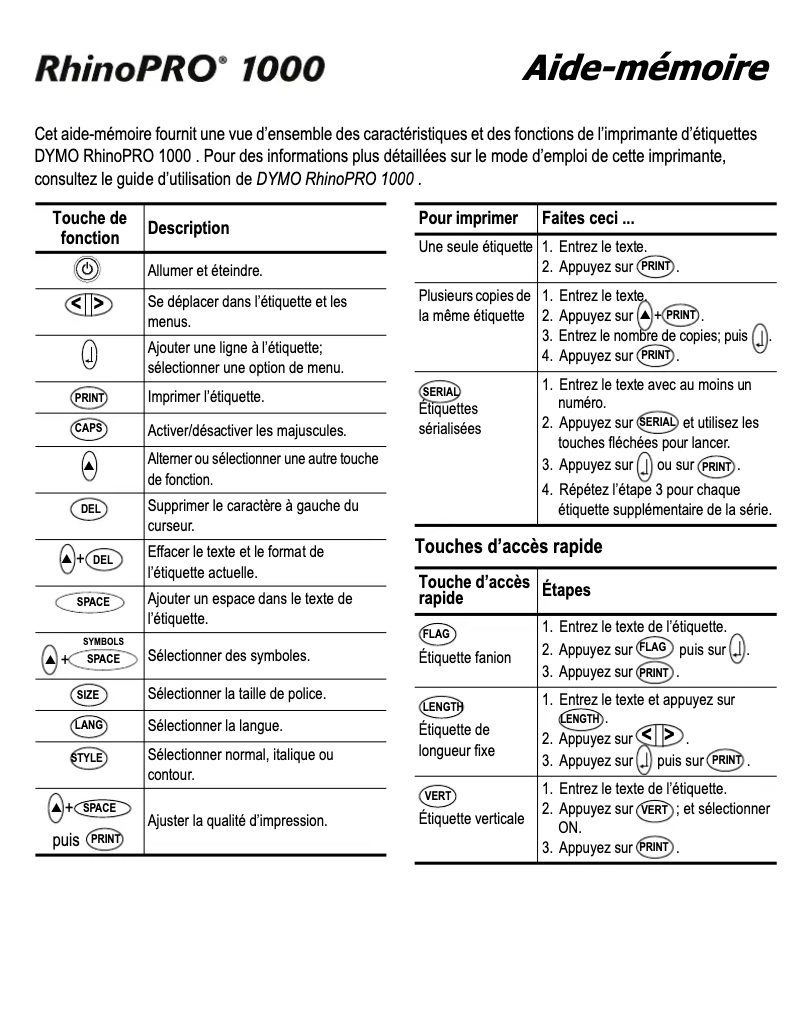 Page n°1 - Manuel utilisateur Dymo Rhino Pro 1000