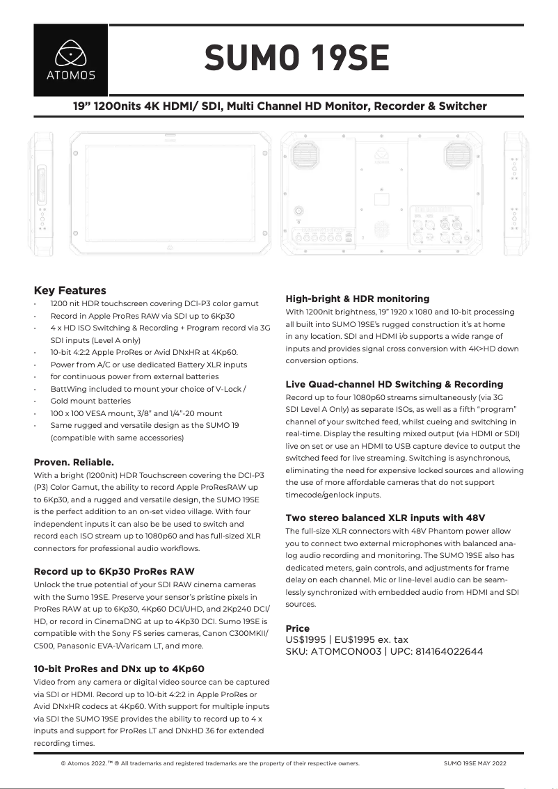 Page 1 de la notice Fiche technique Atomos Sumo 19SE
