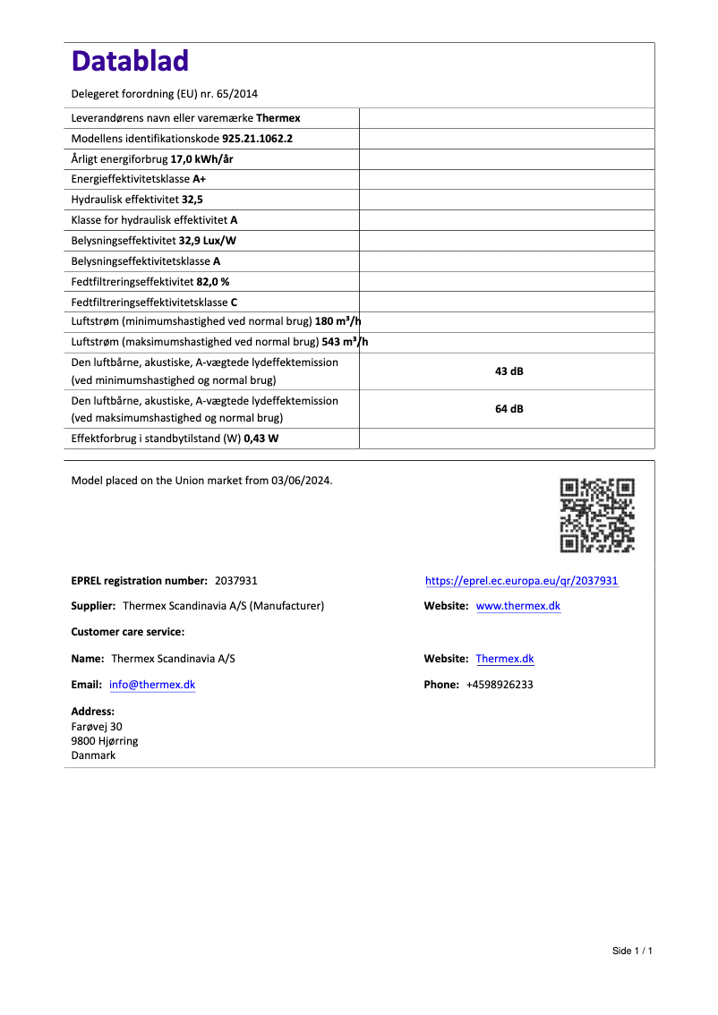 Page n°1 - Fiche technique Thermex TXVKHBL 60