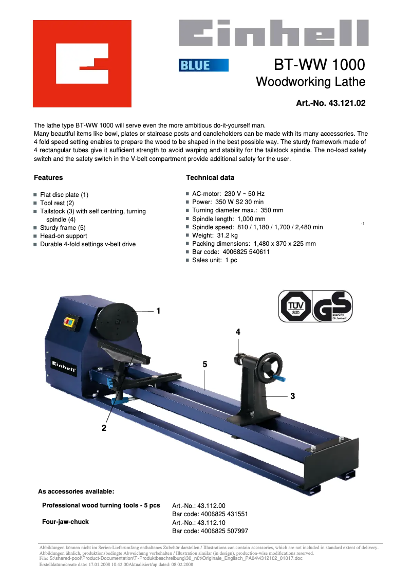 Page n°1 - Fiche technique Einhell BT-WW 1000