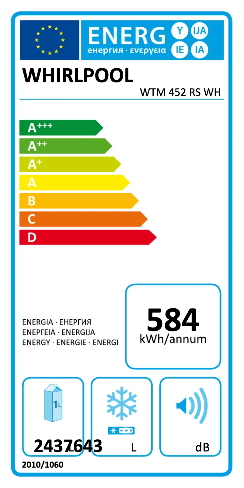 Page n°1 - Label énergétique Whirlpool WTM 452 RS WH