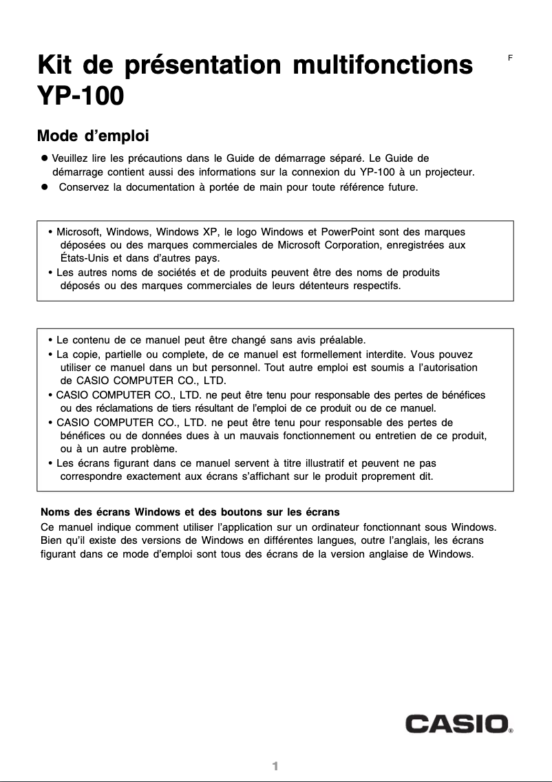Image de la première page du manuel de l'appareil YP-100