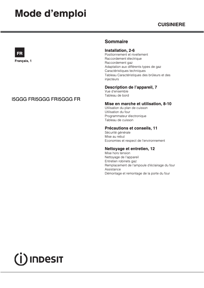 Page n°1 - Manuel utilisateur Indesit I5GGG(W) FR