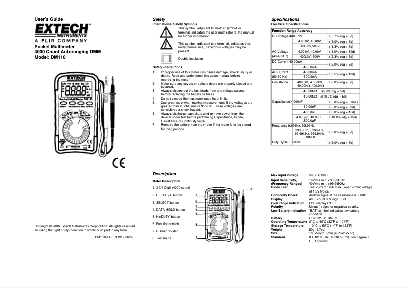 Page 1 de la notice Manuel utilisateur Extech DM110