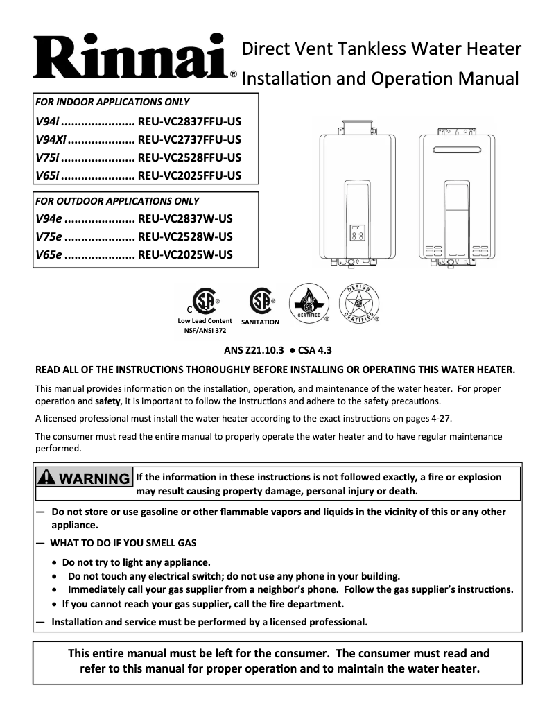 Page 1 de la notice Manuel utilisateur Rinnai V75eN