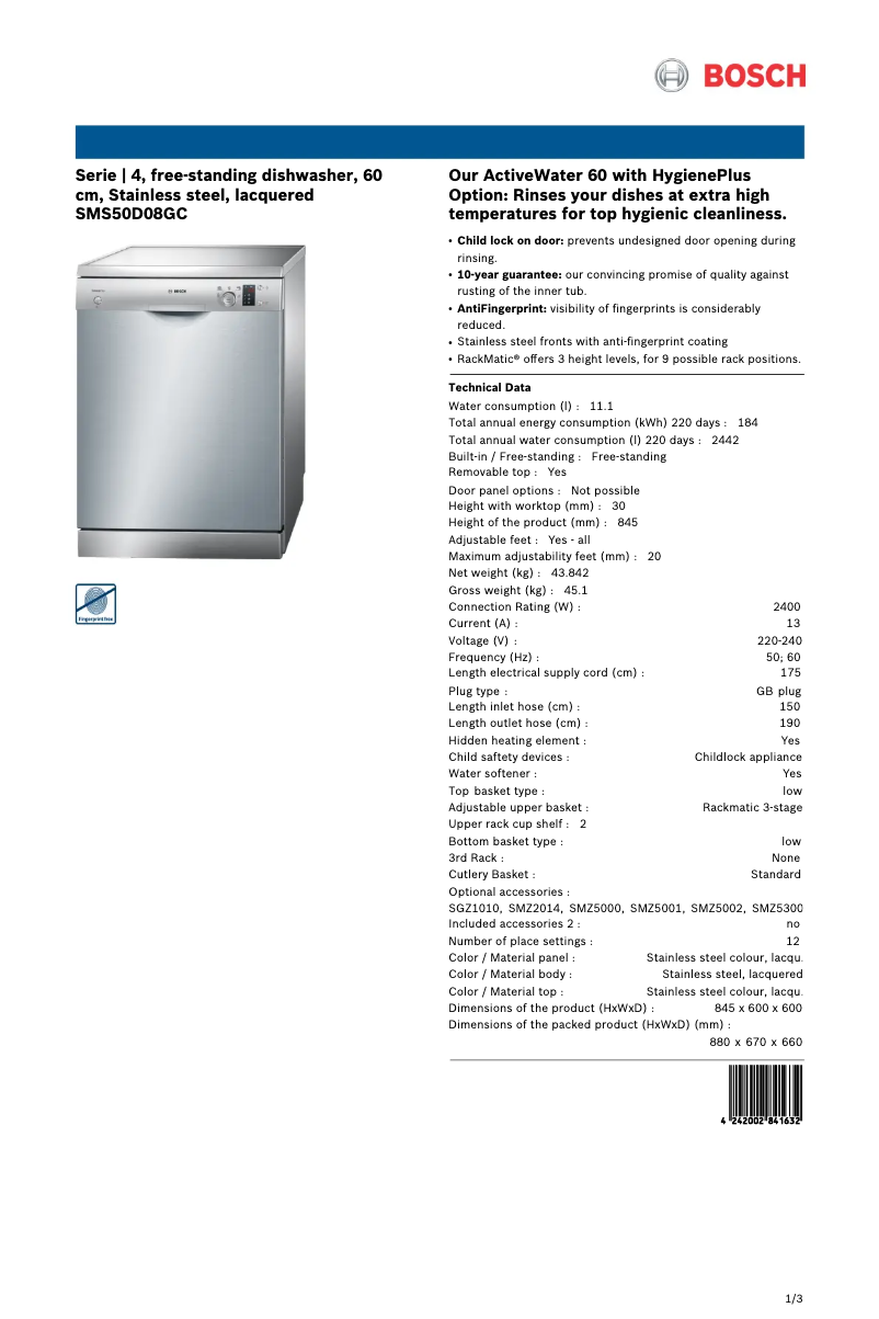 Image de la première page du manuel de l'appareil SMS50D08GC