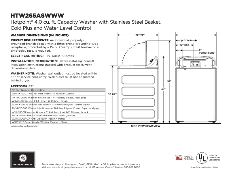 Página 1 del manual Ficha técnica Hotpoint HTW265