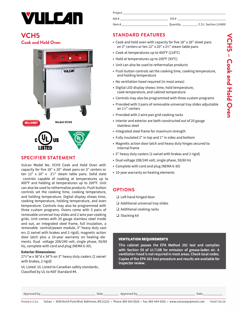 Page 1 de la notice Fiche technique Vulcan VCH5
