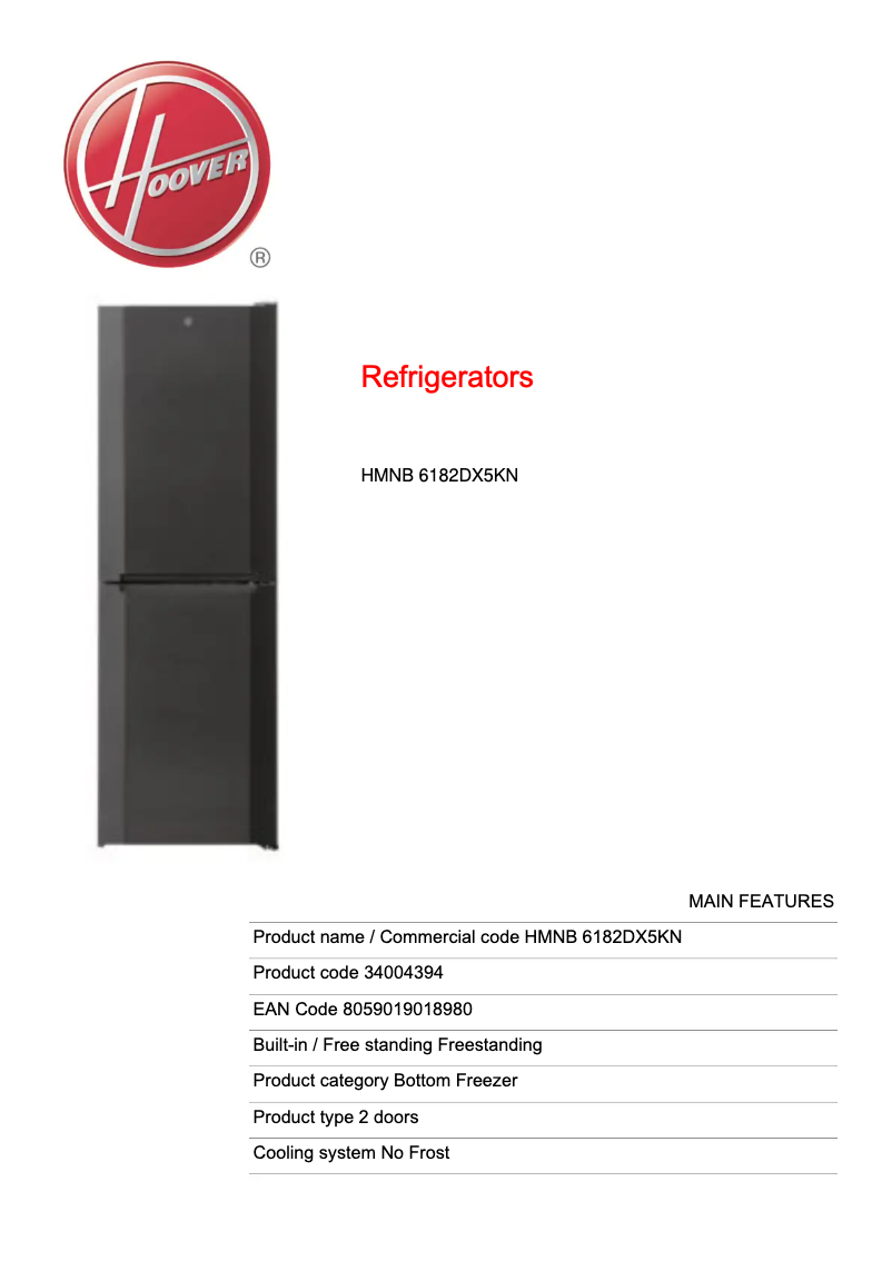 Page 1 de la notice Fiche technique Hoover HMNB 6182DX5KN