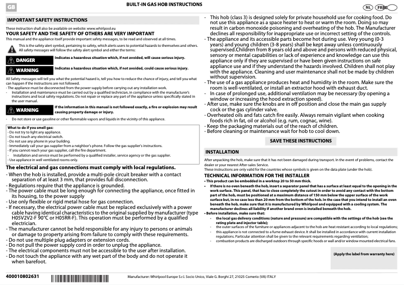Page 1 de la notice Manuel utilisateur Whirlpool AKR 331/IX