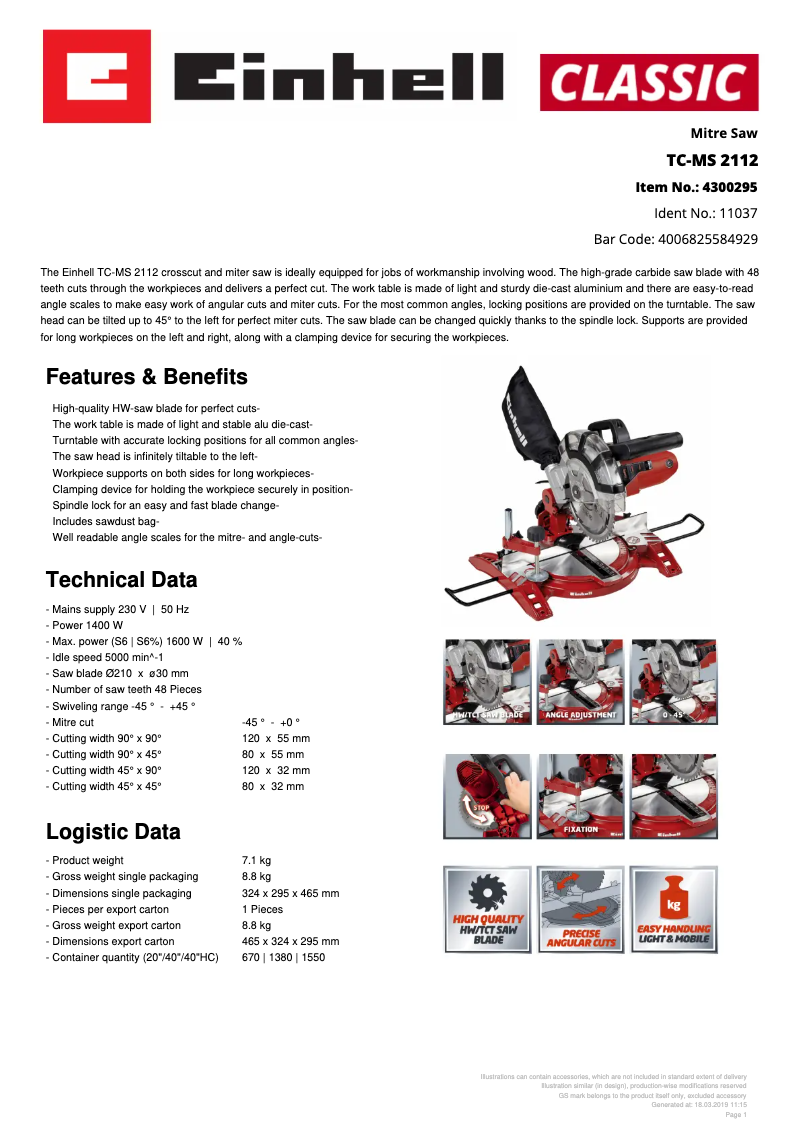 Página 1 del manual Ficha técnica Einhell TC-MS 2112