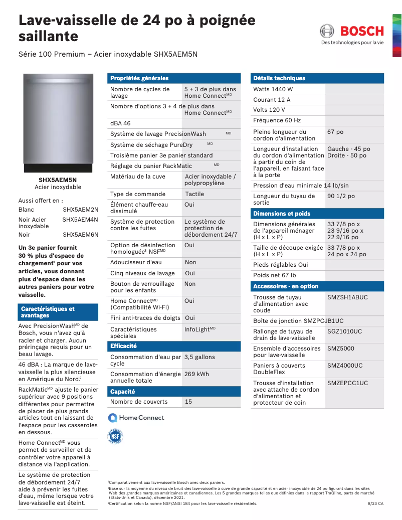 Page 1 de la notice Fiche technique Bosch SHX5AEM5N