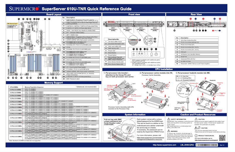 Page 1 de la notice Guide de démarrage rapide Supermicro SuperServer SYS-610U-TNR