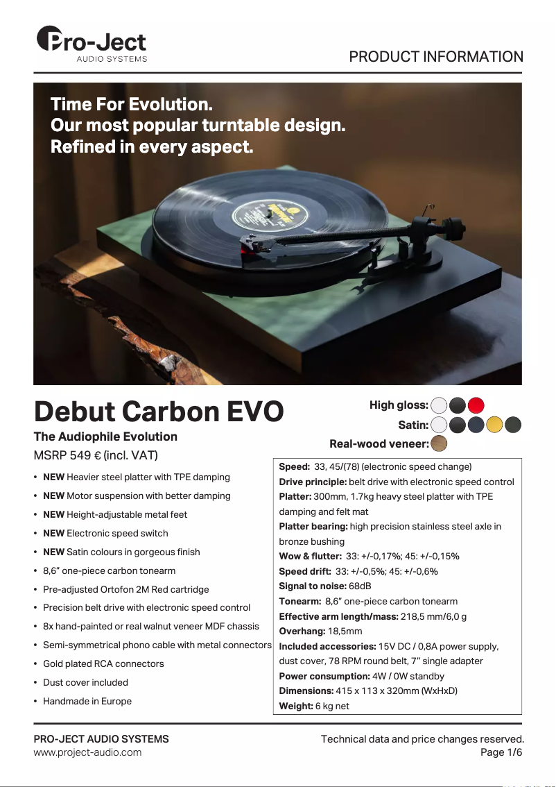Page 1 de la notice Fiche technique Pro-Ject Debut Carbon EVO
