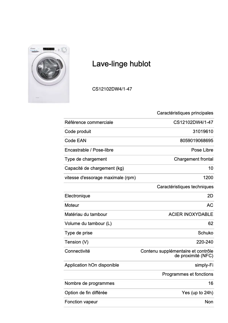 Page 1 de la notice Fiche technique Candy CS12102DW4/1-47