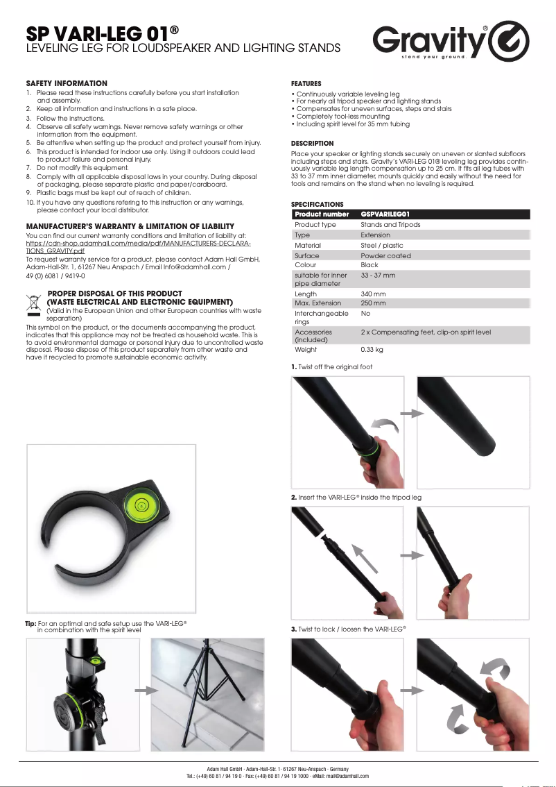 Page 1 de la notice Manuel utilisateur Gravity SP Vari Leg 01