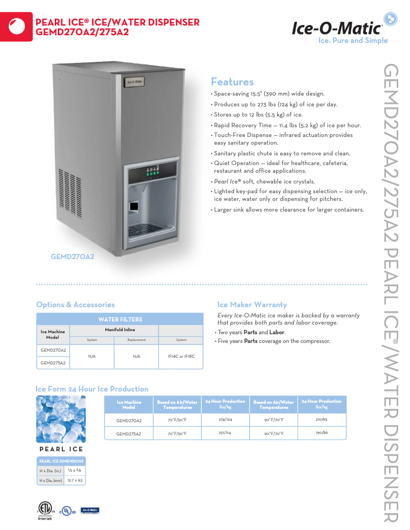 Page 1 de la notice Fiche technique Ice-O-Matic GEMD270A