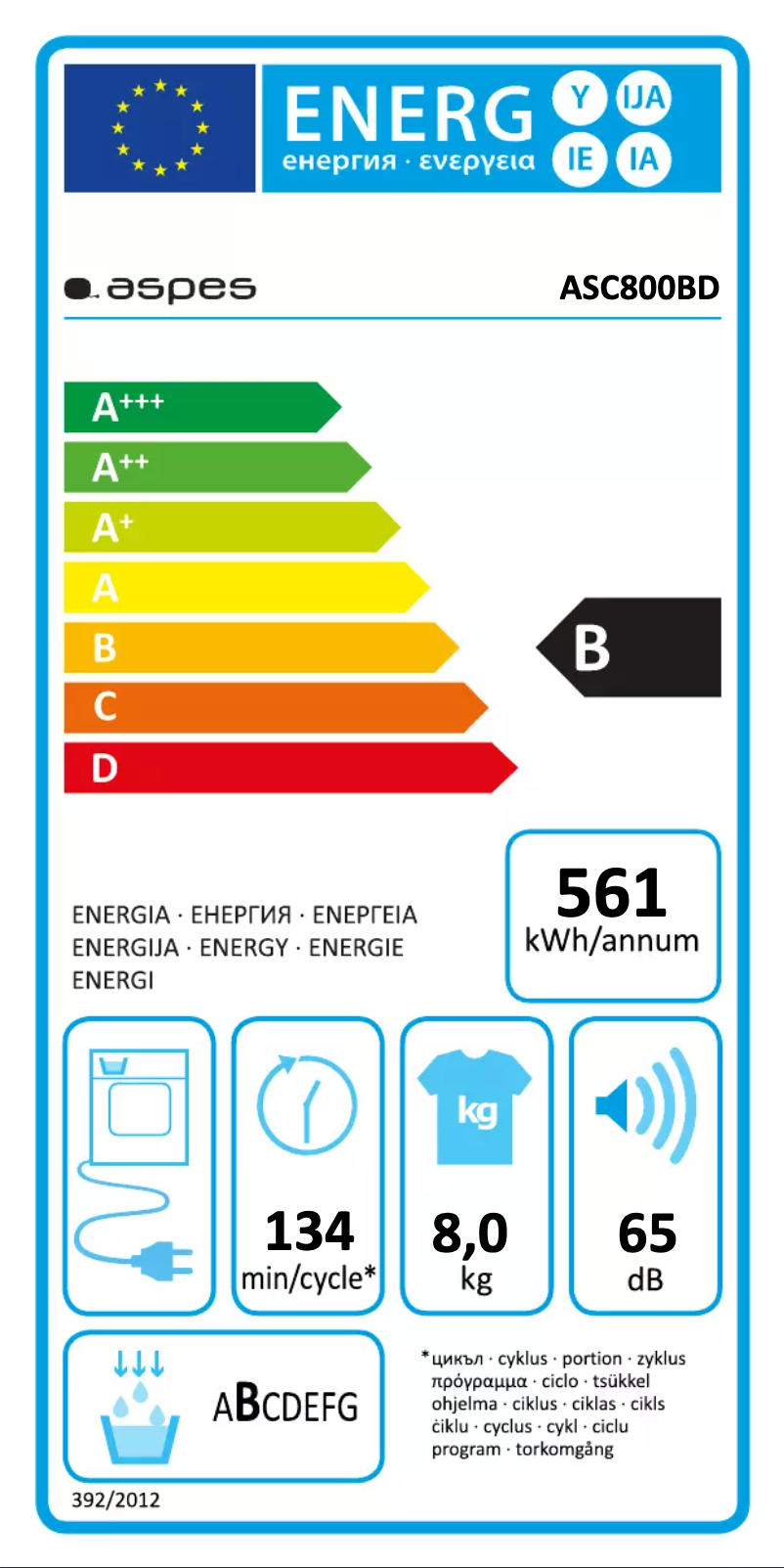 Page 1 de la notice Label énergétique Aspes ASC800BD