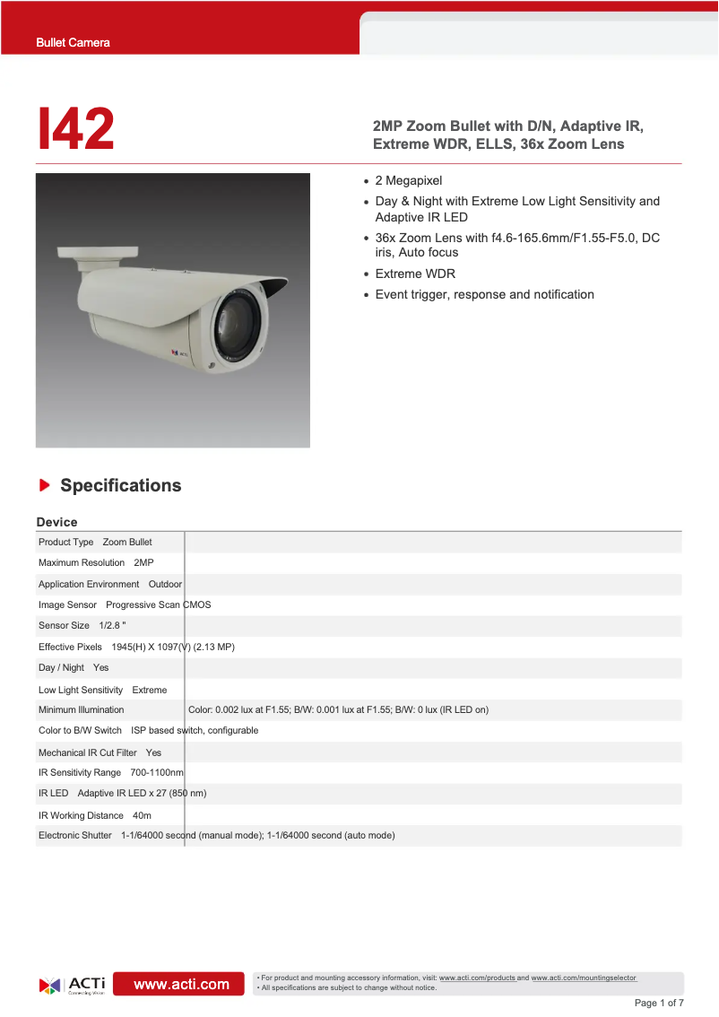 Page 1 de la notice Fiche technique ACTi I42