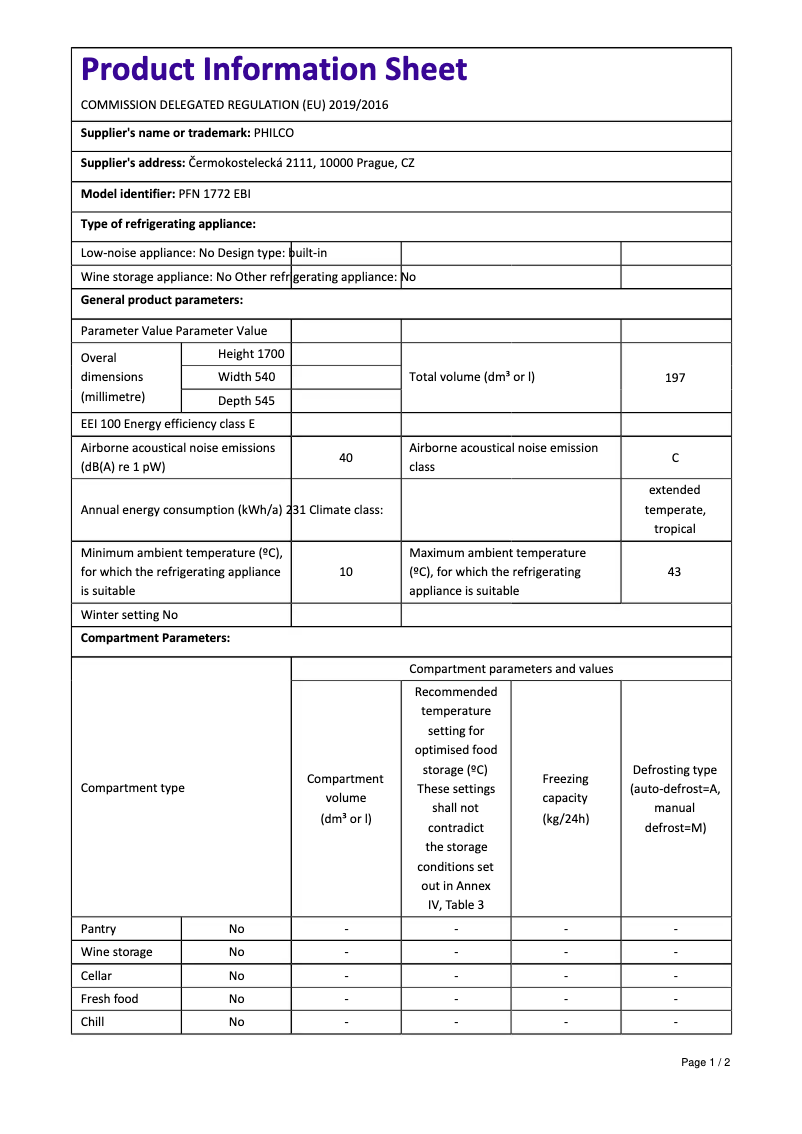 Page 1 de la notice Fiche technique Philco PFN 1772 EBi
