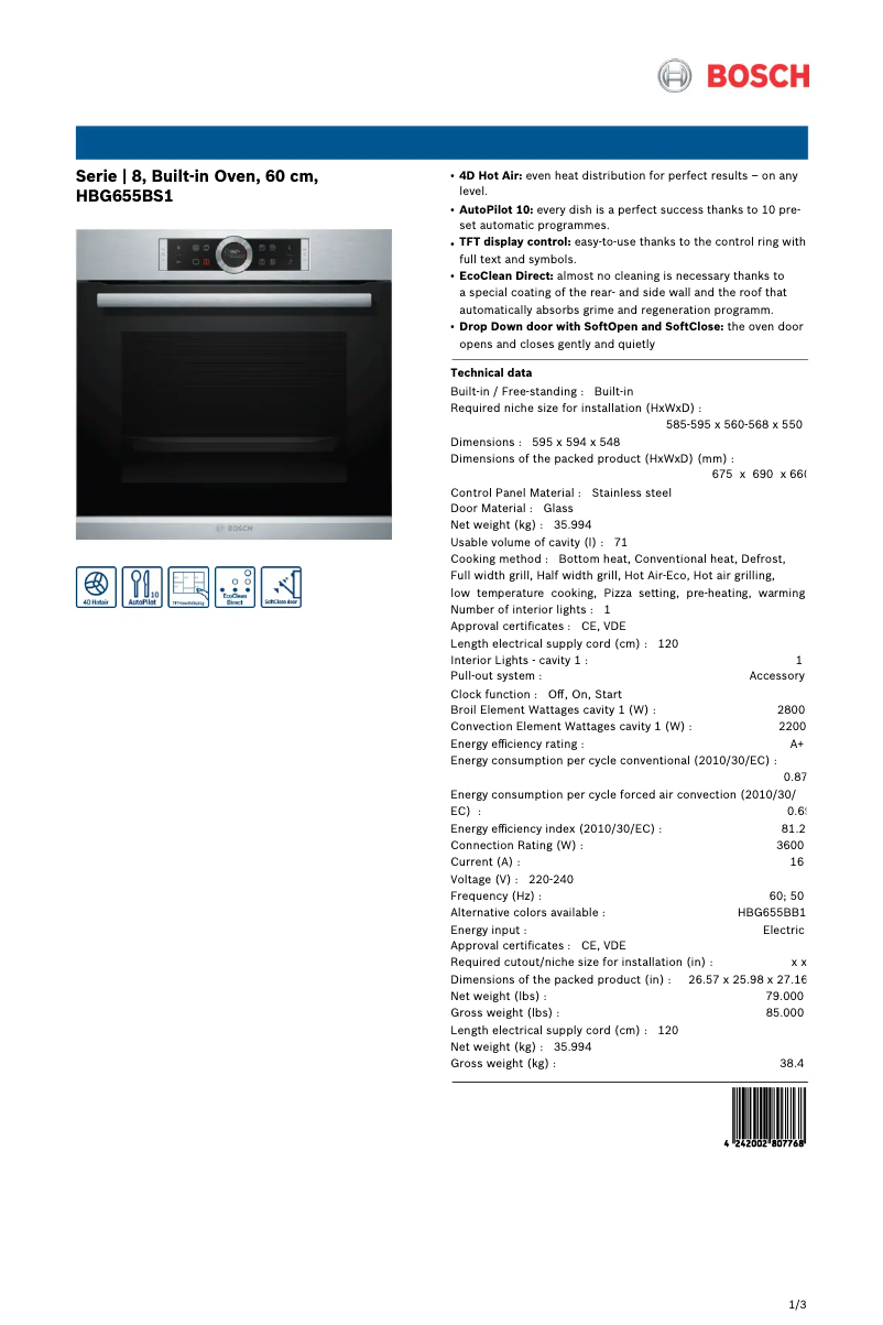 Page 1 de la notice Fiche technique Bosch HBG655BS1