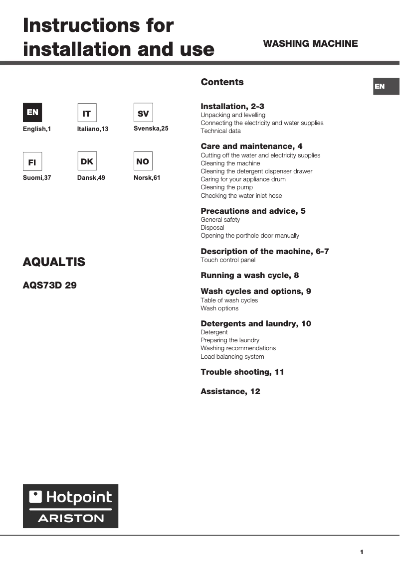 Page 1 of the manual User Manual Hotpoint AQS73D 29 EU/A