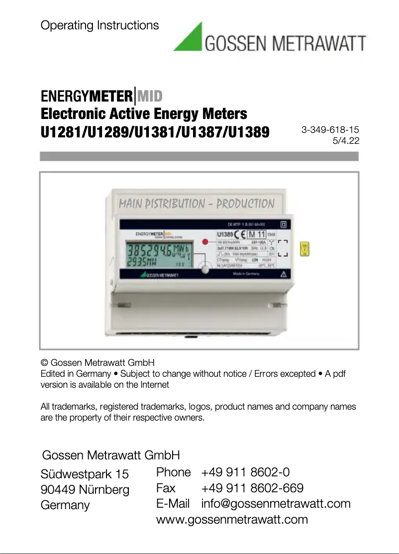 Page n°1 - Manuel utilisateur Gossen Metrawatt U1381
