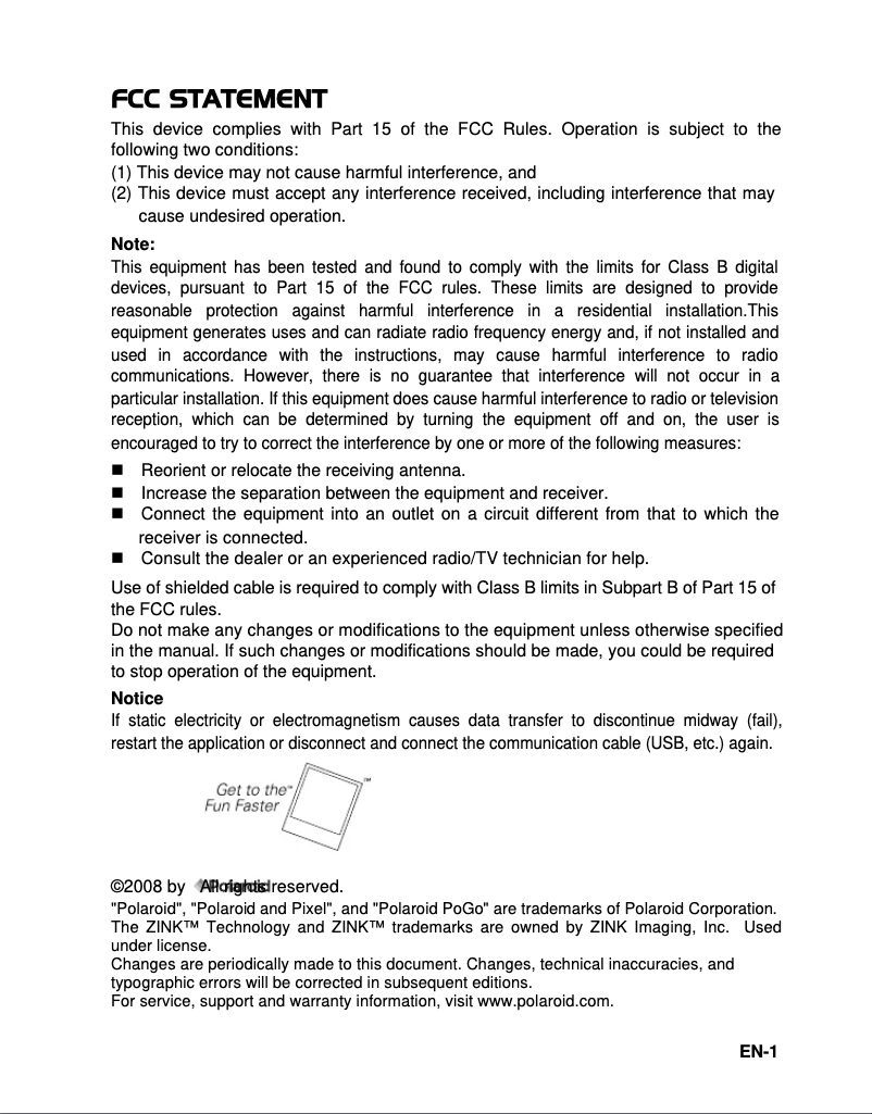 Page 1 de la notice Manuel utilisateur Polaroid Z2300