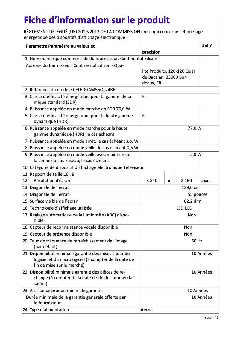 Image de la première page du manuel de l'appareil CELEDGAM55QL24B6
