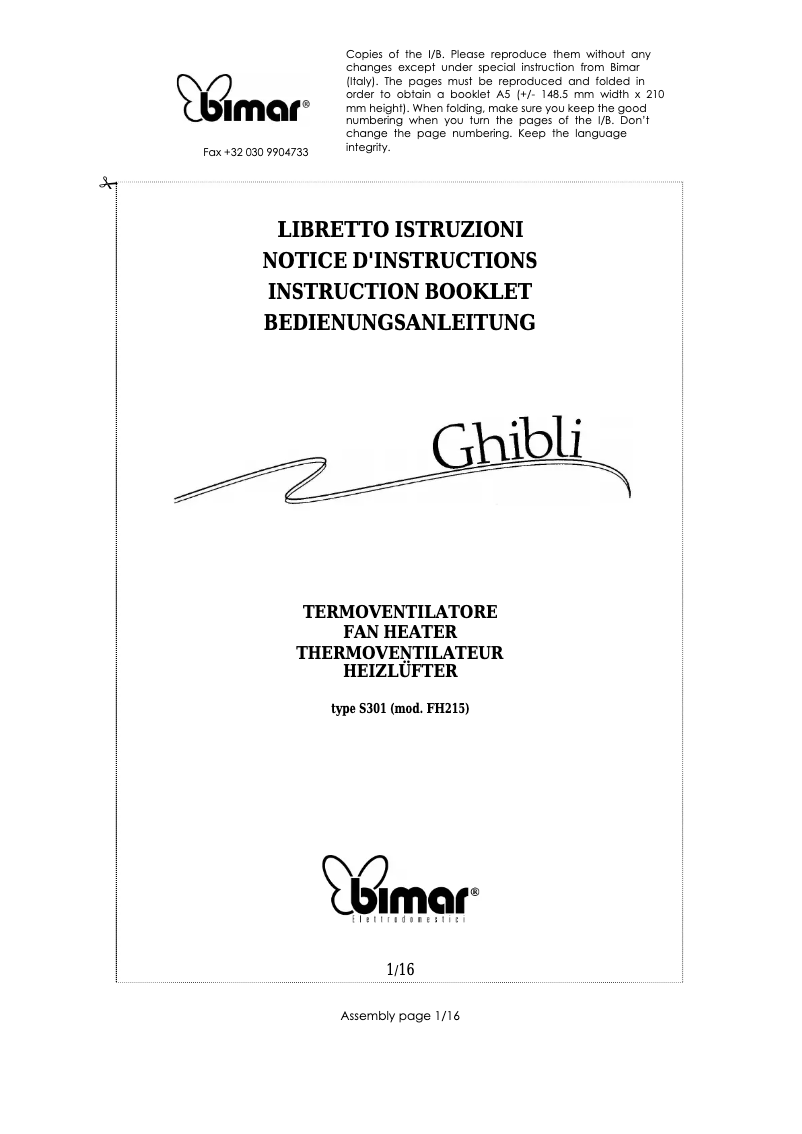 Page 1 de la notice Manuel utilisateur Bimar S301A.EU